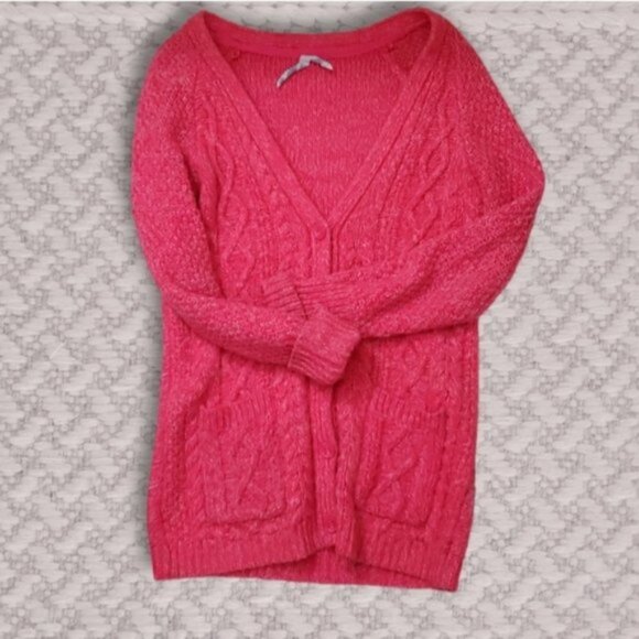 Aéropostale Cable Knit Neon Pink Middy Cardigan​ - Picture 3 of 11